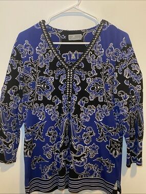 JM Collection Black & Blue Beaded V-Neck Floral Top